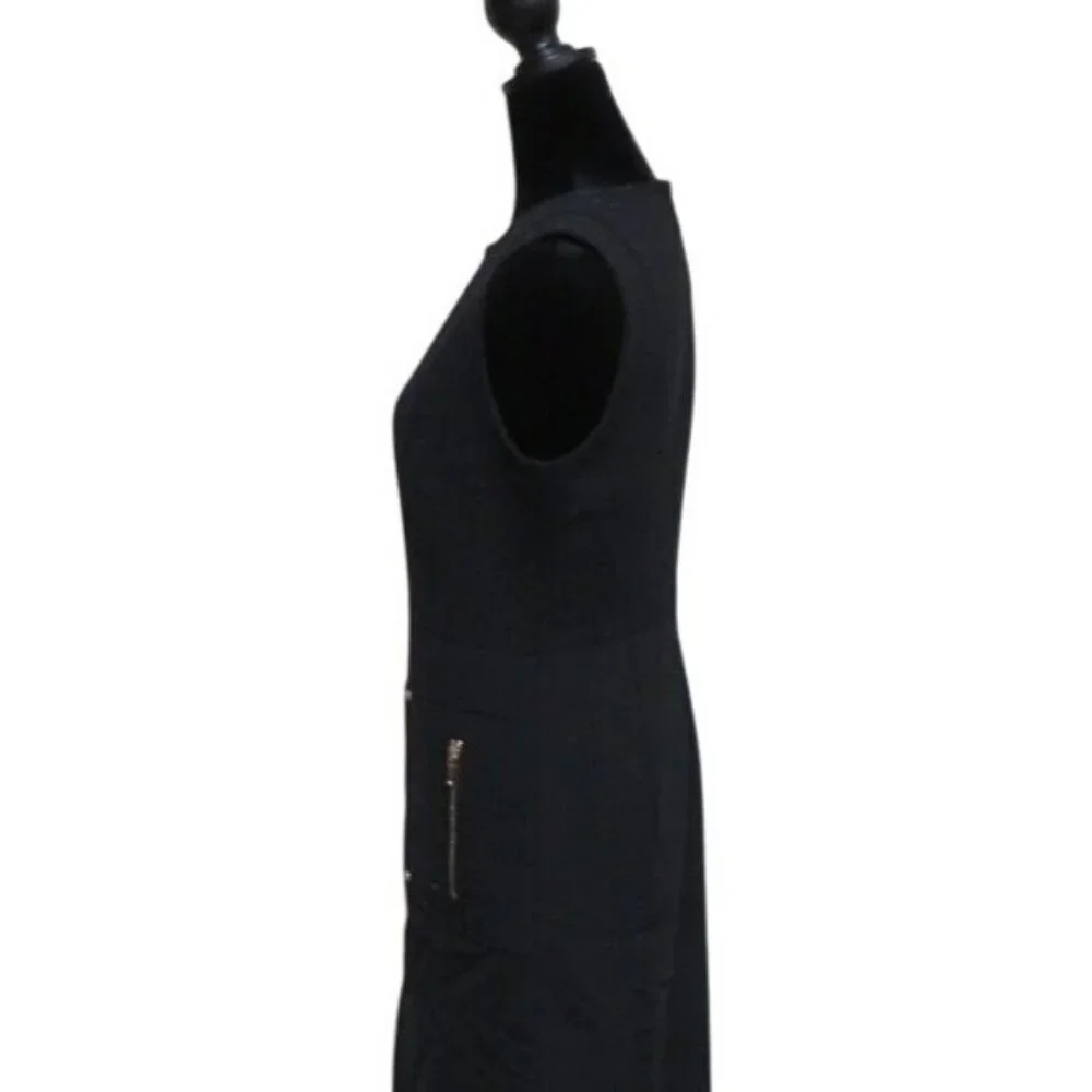 Tory Burch Black Wool Blend Sheath dress slash zipper pockets gold accents sz 4